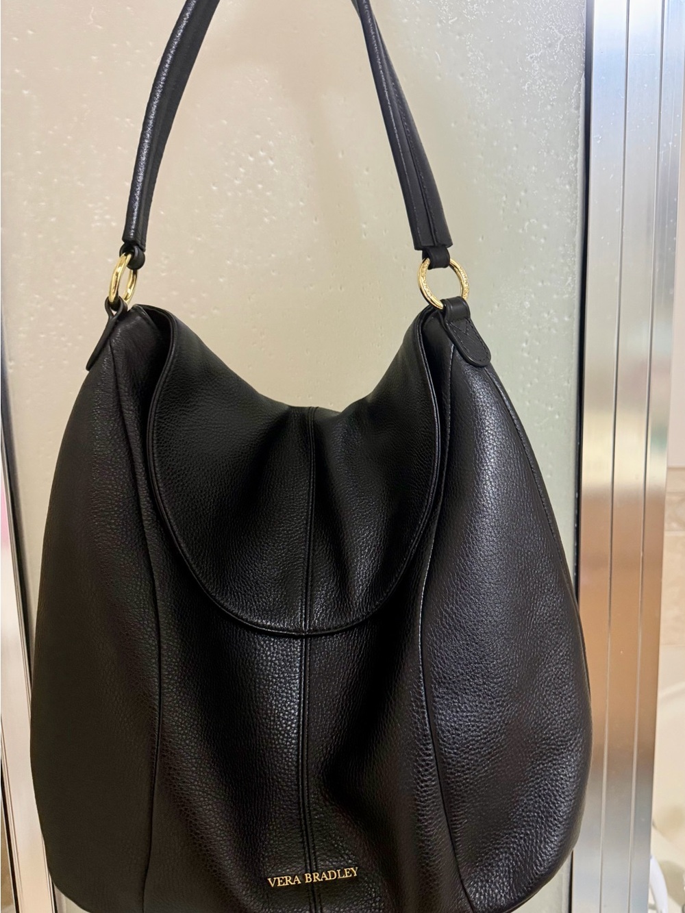 Vera Bradley Black Pebbled Leather Hobo with Gold Hardware